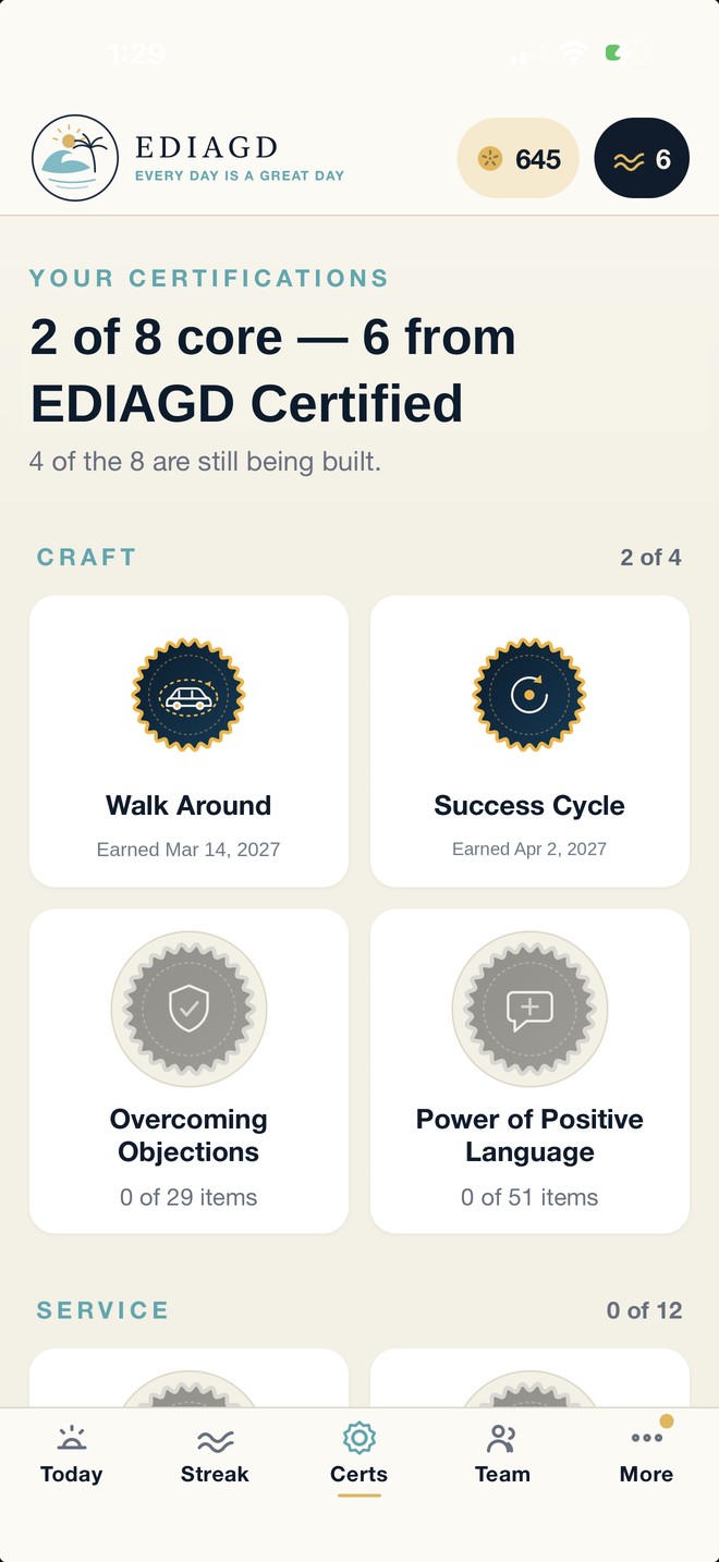 The certifications screen showing two earned craft certifications and progress toward the core eight
